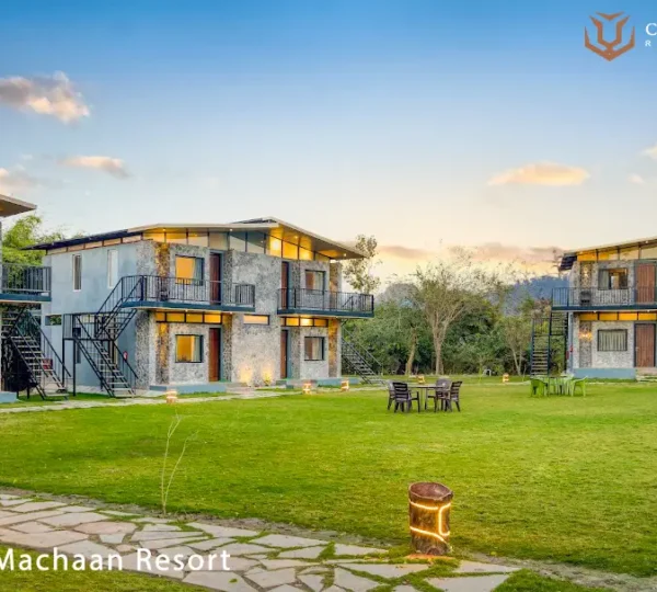 Dhikala and Bijrani Gate resorts in Jim Corbett offering comfortable accommodation, landscaped lawns, and convenient access to safari zones.