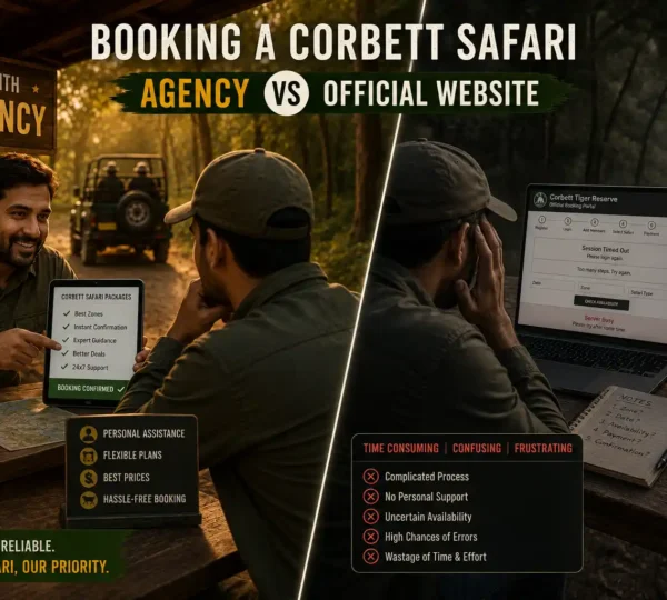 Agency vs official Jim Corbett safari booking comparison showing benefits of booking through a trusted travel agency versus the official website.