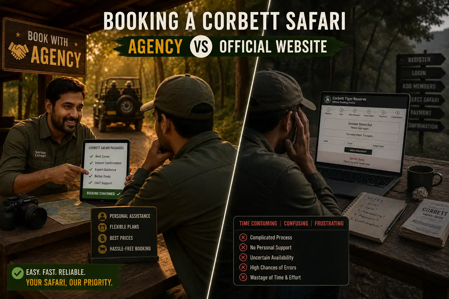 Agency vs official Jim Corbett safari booking comparison showing benefits of booking through a trusted travel agency versus the official website.