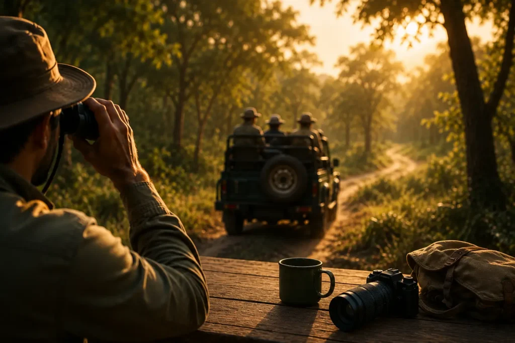 Agency vs official safari booking comparison with a wildlife photographer observing a Jeep Safari in Jim Corbett National Park.