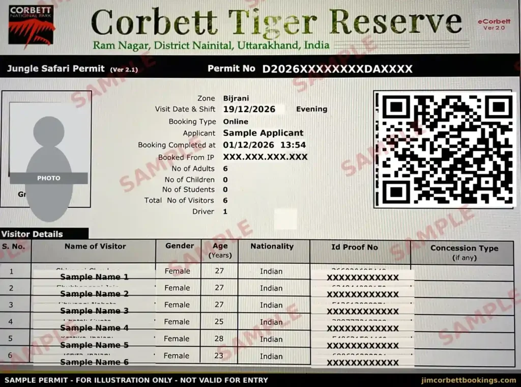 Jim Corbett safari permit sample showing online booking details, visitor information and QR code